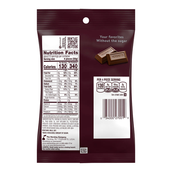 Hershey's Zero Sugar Chocolate Candy Bag, 3 oz