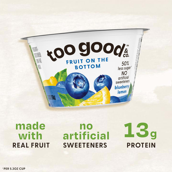 Too Good & Co. Fruit on the Bottom Blueberry Lemon Yogurt-Cultured Low Fat Milk Product, Smooth and Creamy Adult Snacks with Real Fruit, 5.3 oz Cup