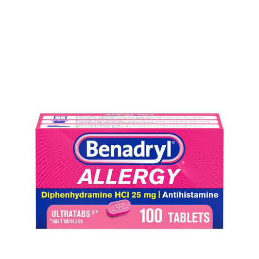 Benadryl Ultratabs Antihistamine Allergy Relief Medicine, Diphenhydramine HCl Tablets For Relief of Cold & Allergy Symptoms Such as Sneezing, Runny Nose, & Itchy Eyes & Throat, 100 ct