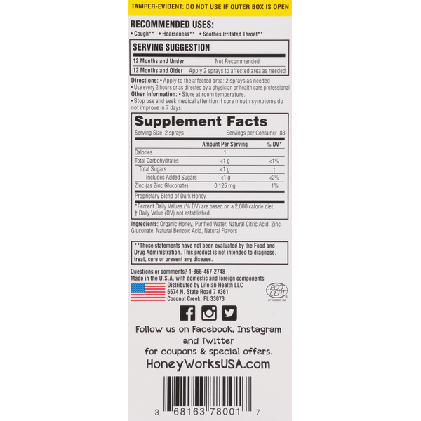 HoneyWorks Soothing Throat Spray, Organic, Honey, Kids