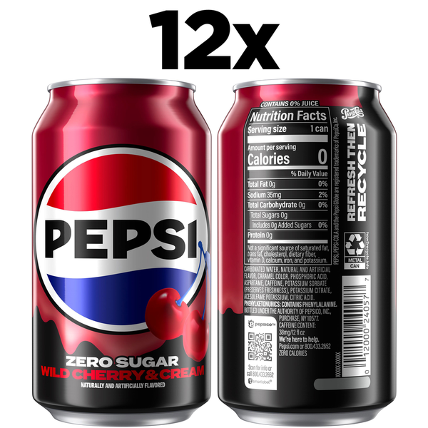 Pepsi Zero Sugar Soda Wild Cherry & Cream 12 Fl Oz, 12 Count