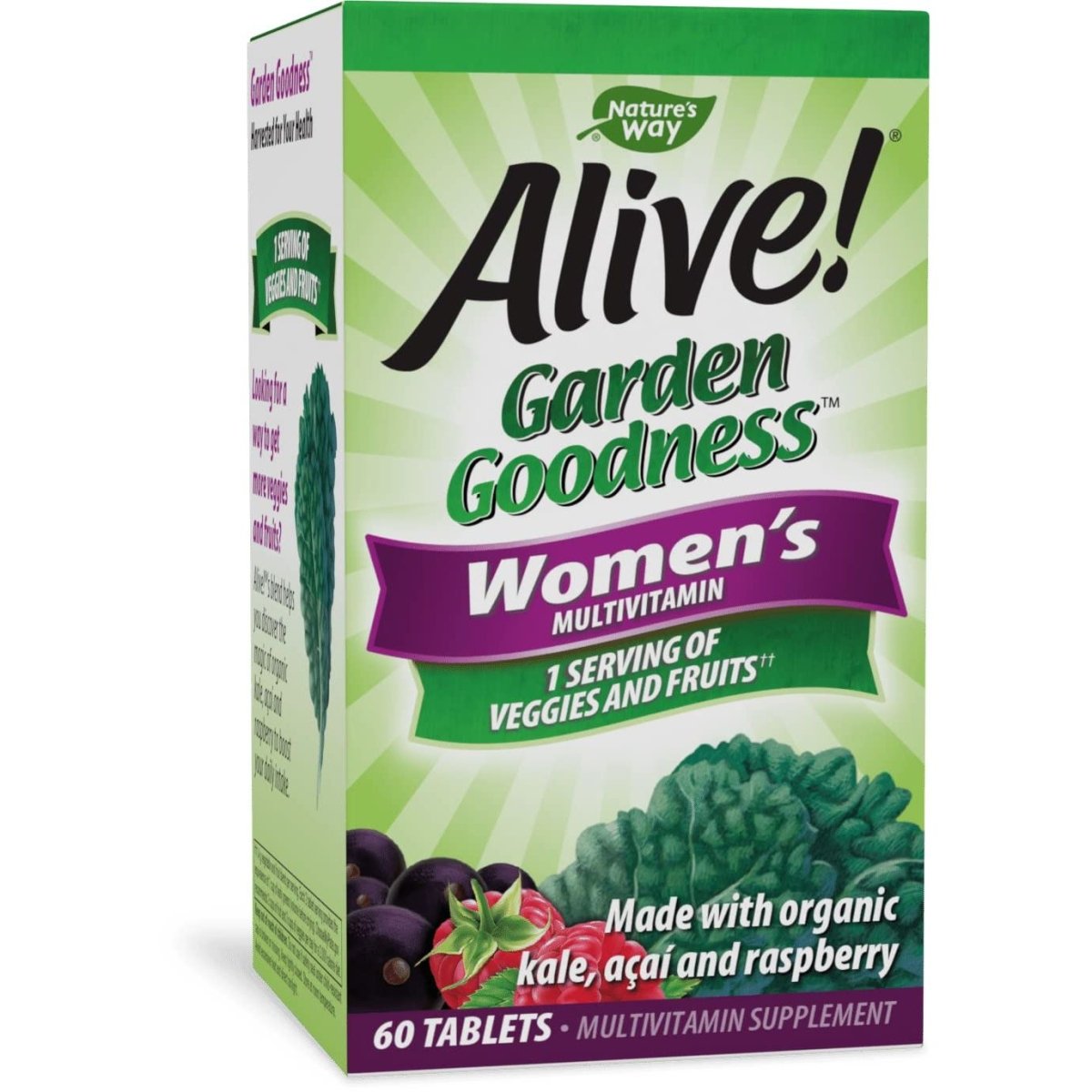 Nature's Way Alive! Garden Goodness Multivitamin for Women, 1 Serving Veggies & Fruits, with Organic Kale, High Potency B-Vitamins, 60 Tablets