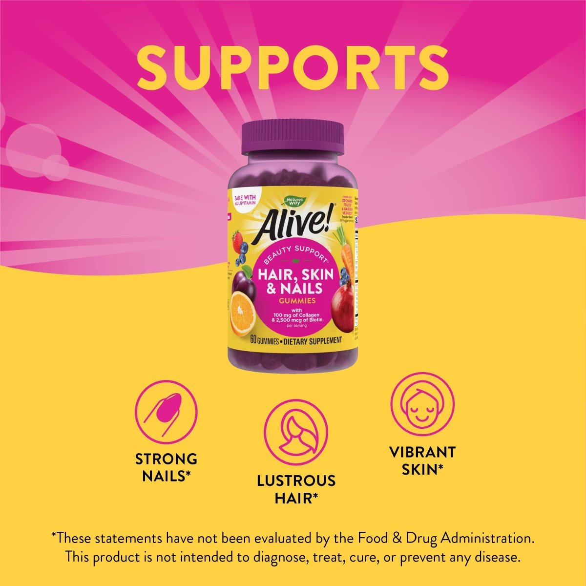 Nature's Way Alive! Hair, Skin & Nails Gummies, with Biotin and Collagen, Beauty Support, 60 Strawberry Flavored Gummies