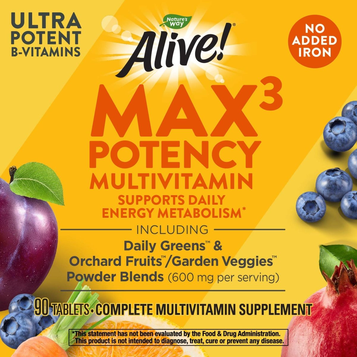 Nature's Way Alive! Max3 Potency Multivitamin, Support Daily Energy Metabolism, No Added Iron, 90 Tablets