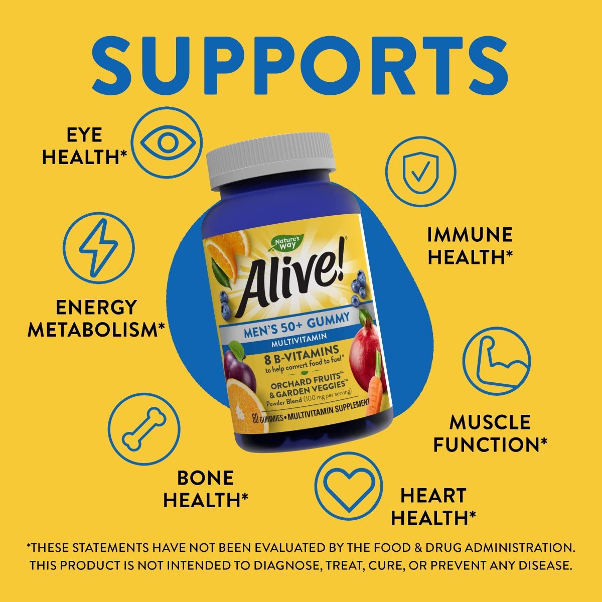 Nature's Way Alive! Men's 50+ Gummy Multivitamins, Supports Multiple Body Systems, Supports Cellular Energy, B-Vitamins, Gluten-Free, Vegetarian, Fruit Flavored, 60 Gummies