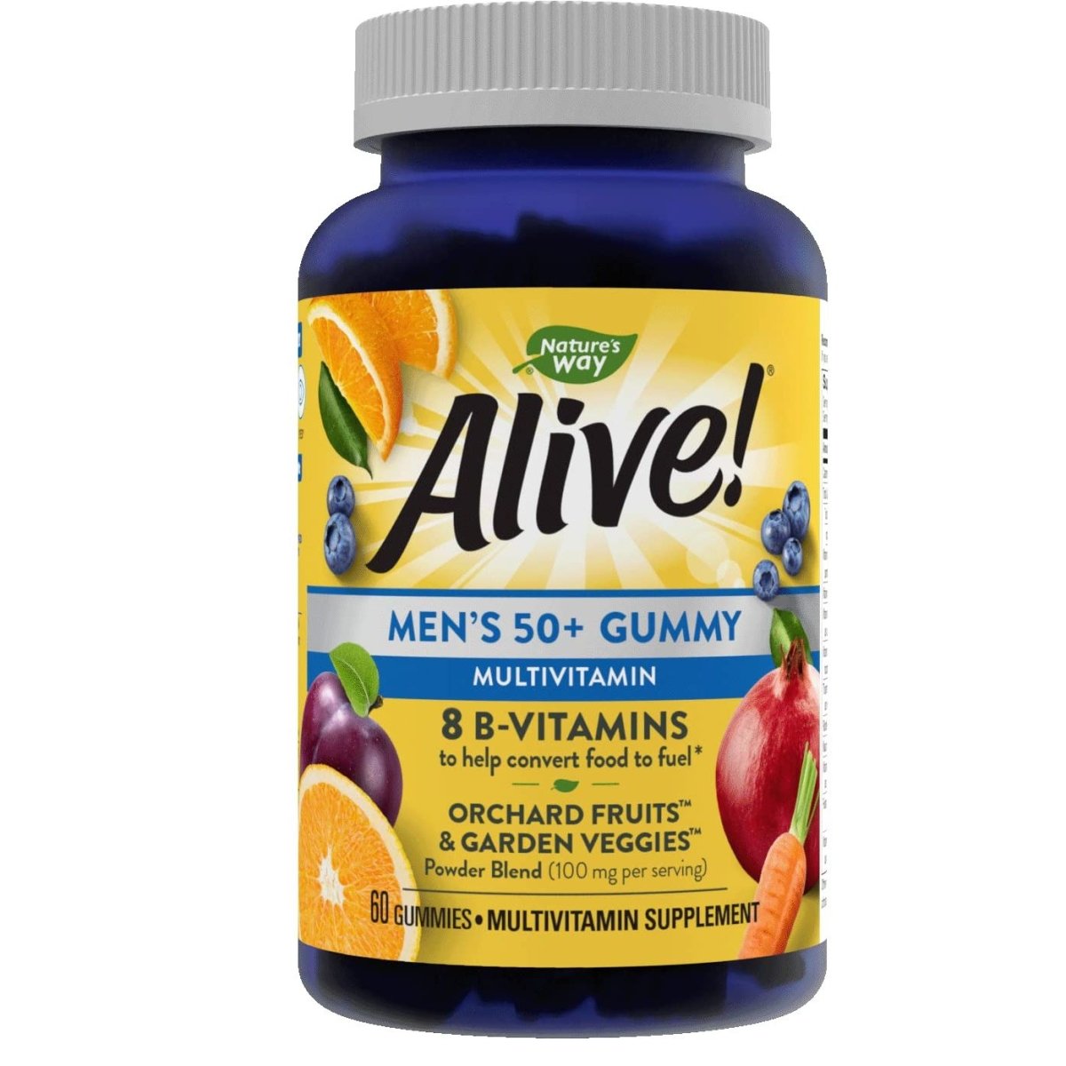 Nature's Way Alive! Men's 50+ Gummy Multivitamins, Supports Multiple Body Systems, Supports Cellular Energy, B-Vitamins, Gluten-Free, Vegetarian, Fruit Flavored, 60 Gummies