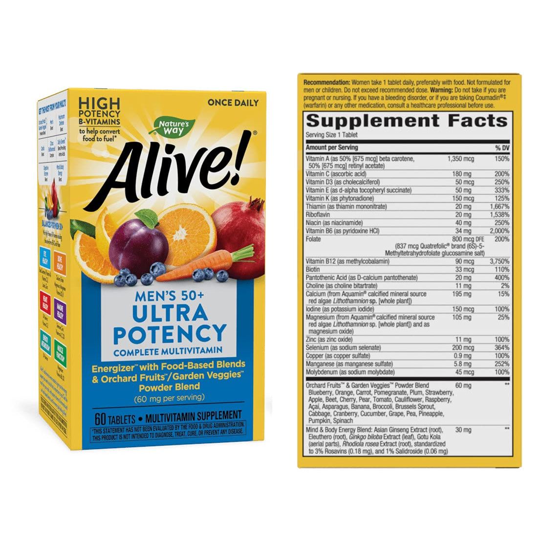 Nature's Way Alive! Once Daily Women 50+ Once Daily Men 50+ Ultra Potency Multivitamin Dietary Supplement (60 Tablets) 1 Bottle of Each Total 2 Bottles