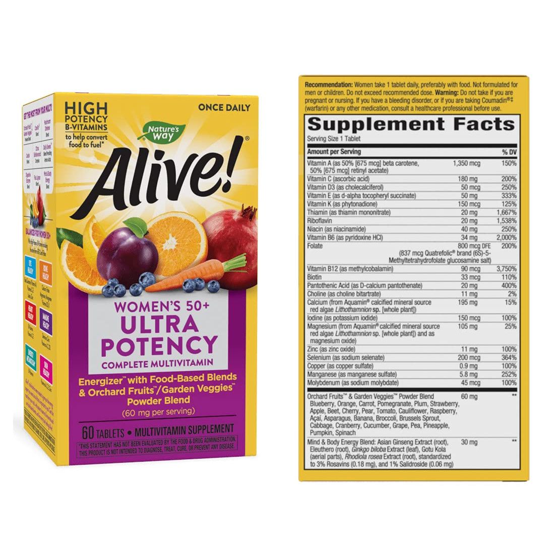 Nature's Way Alive! Once Daily Women 50+ Once Daily Men 50+ Ultra Potency Multivitamin Dietary Supplement (60 Tablets) 1 Bottle of Each Total 2 Bottles