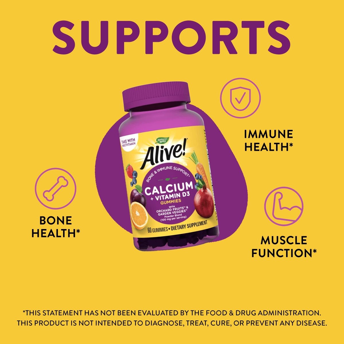 Nature's Way Alive! Premium Calcium + D3 Gummies, Supports Healthy Bones & Muscles, Strawberry and Raspberry Lemonade Flavored, 60 Gummies