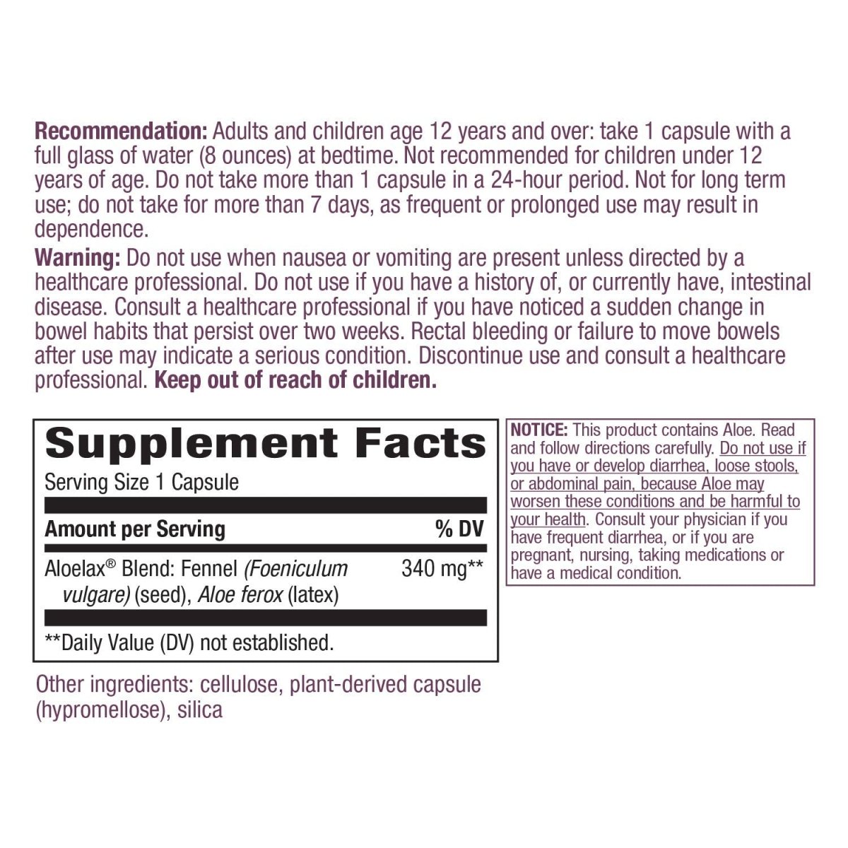 Nature's Way Aloelax, Premium Blend, with Fennel Seed, Occasional Constipation, 340 mg, Vegan, 100 Capsules
