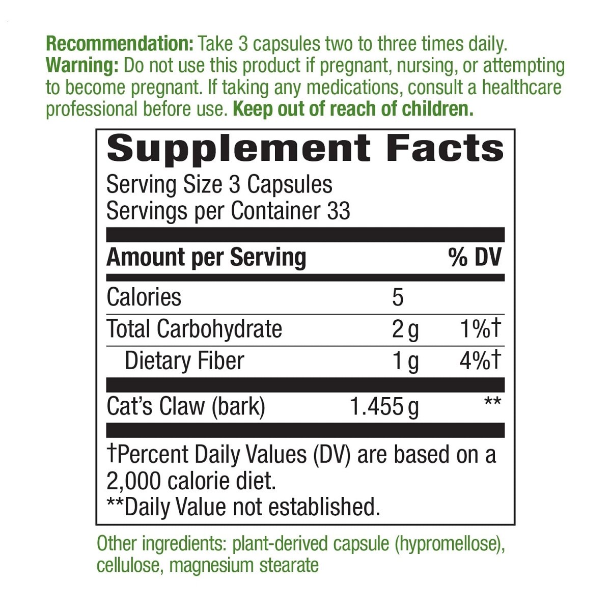 Nature's Way Cat's Claw Bark, Traditional Health Tonic, 1,455mg per serving, 100 Capsules
