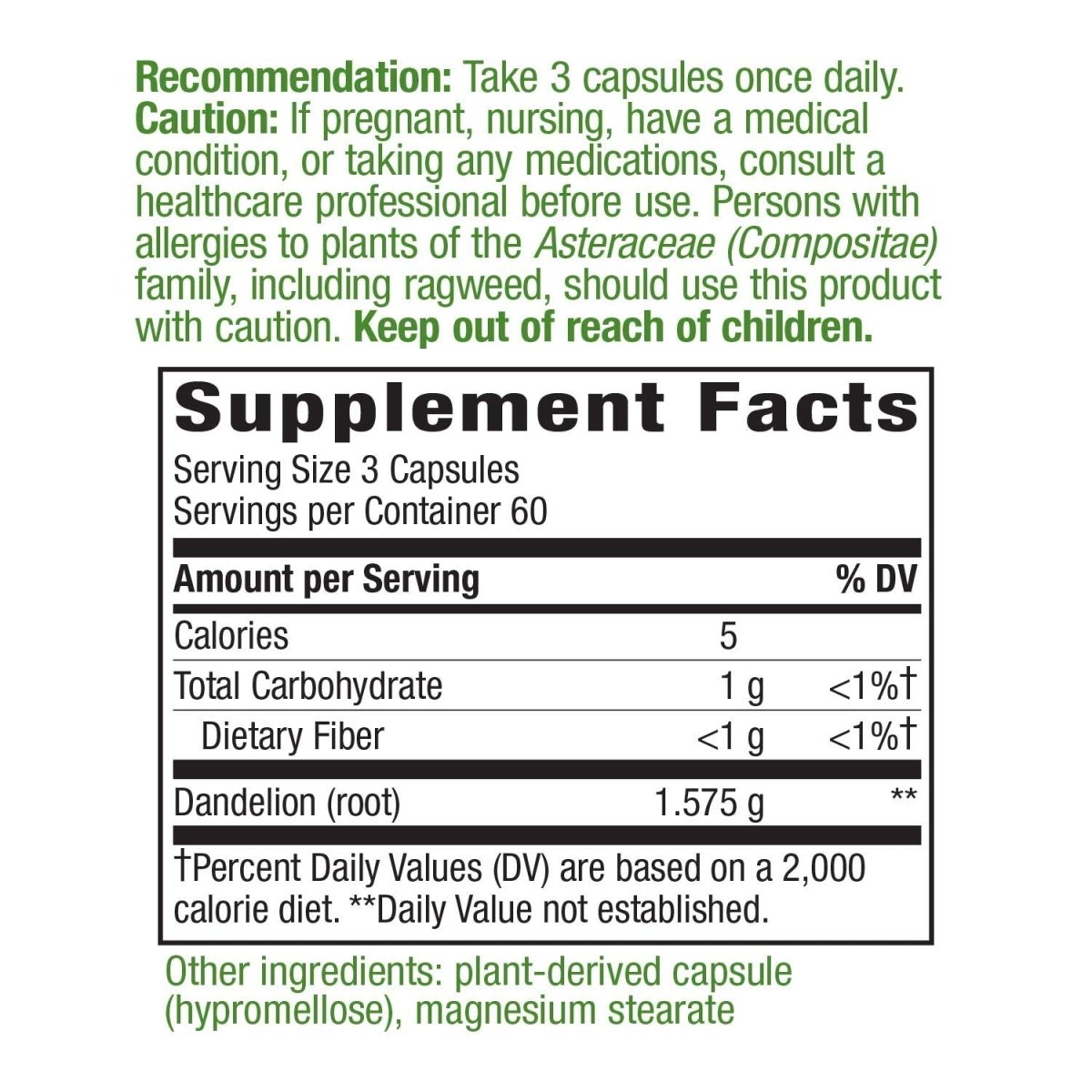 Nature's Way Dandelion Root Diuretic Herb 525 mg per Capsule Non-GMO Project Verified Gluten Free Vegan 180 Count
