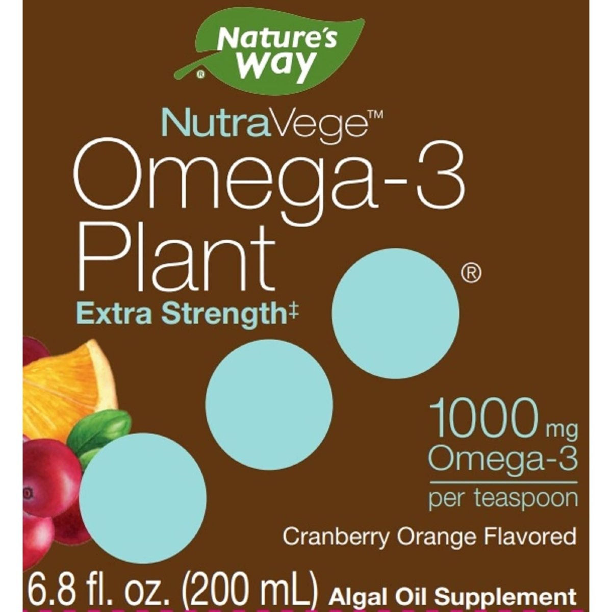 Nature's Way NutraVege Plant Based Omega-3 Extra Strength, Eye, Heart, and Brain Health, Cranberry-Orange Flavored Liquid, 6.8 oz