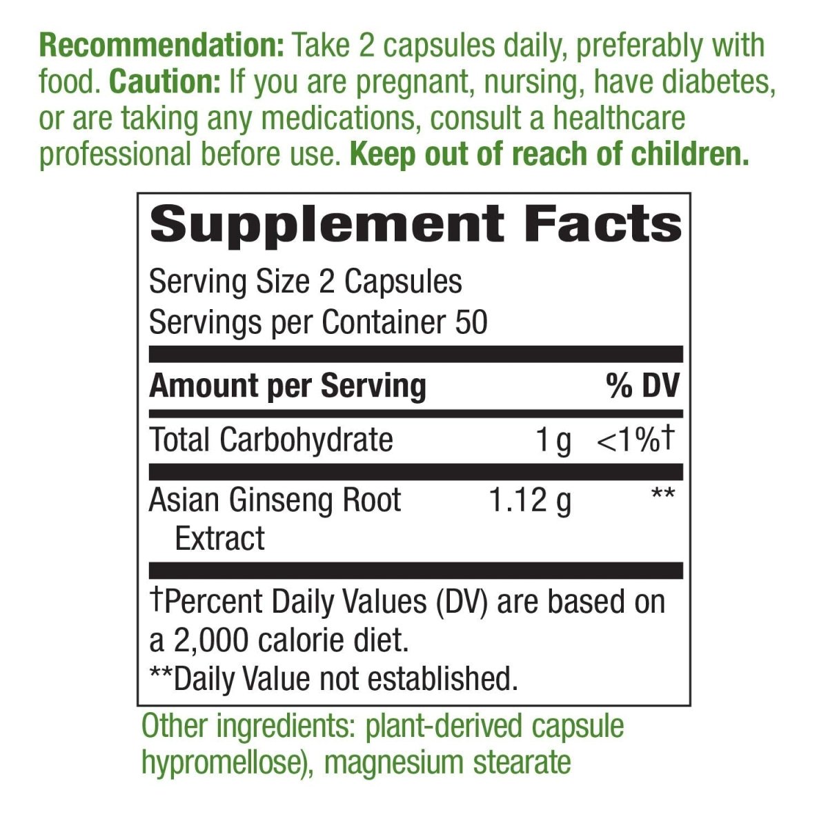 Nature's Way Premium Herbal Asian Ginseng, Fights Fatigue, 1,120 mg per serving, Vegan, 100 Capsules