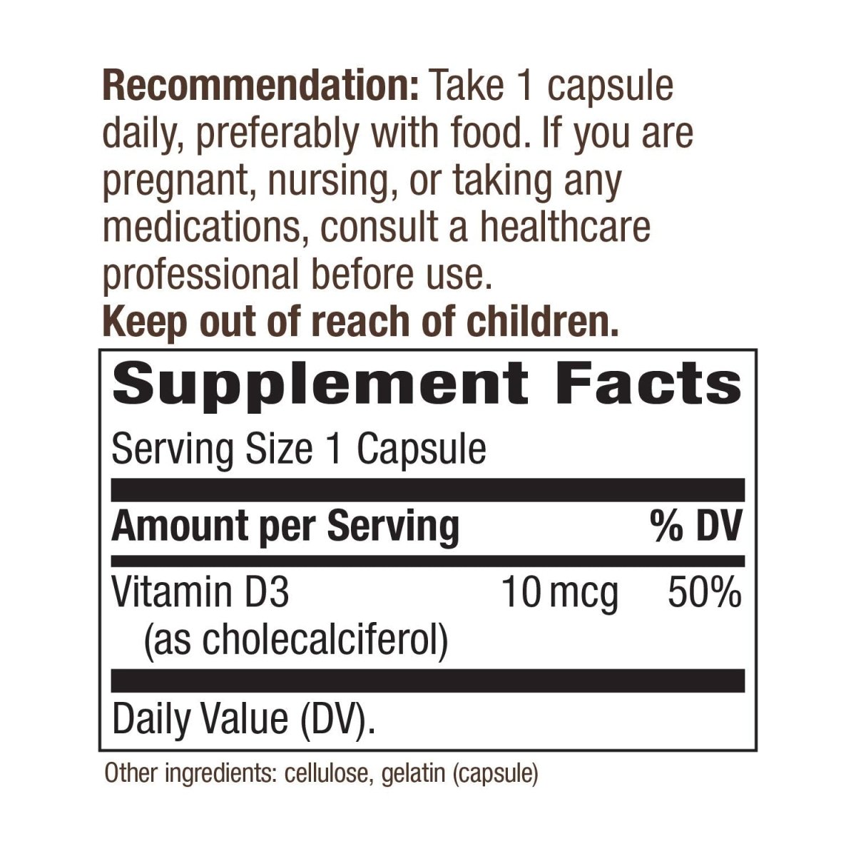 Nature's Way Vitamin D3 Dry Form, Supports Healthy Bones and Immune Function, 10mcg Per Serving, 100 Capsules