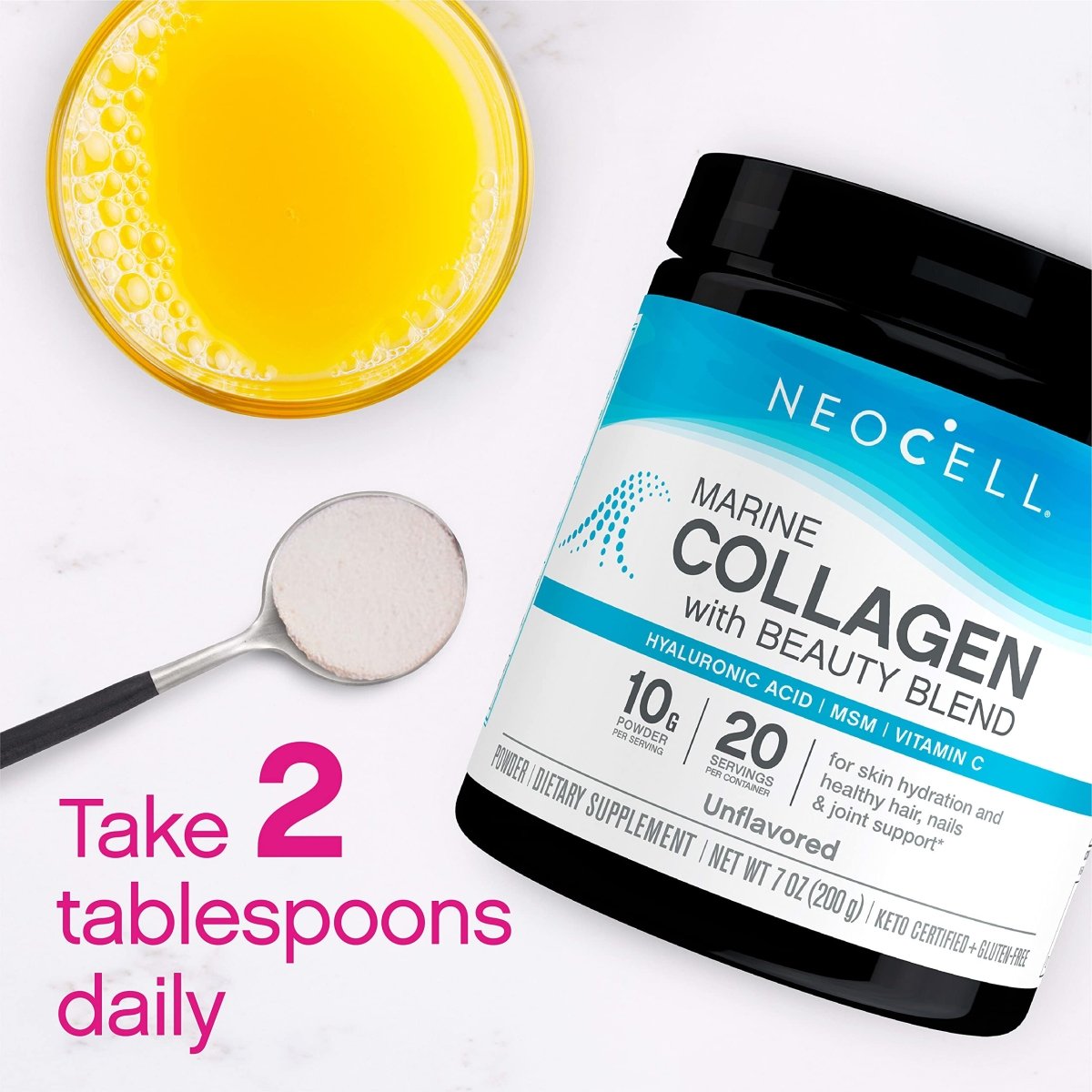 NeoCell Marine Collagen with Beauty Blend; for Skin Hydration; Healthy Hair, Nails and Joint Support; Keto Certified, Gluten Free; Unflavored Powder, 7 Ounces, 20 Servings