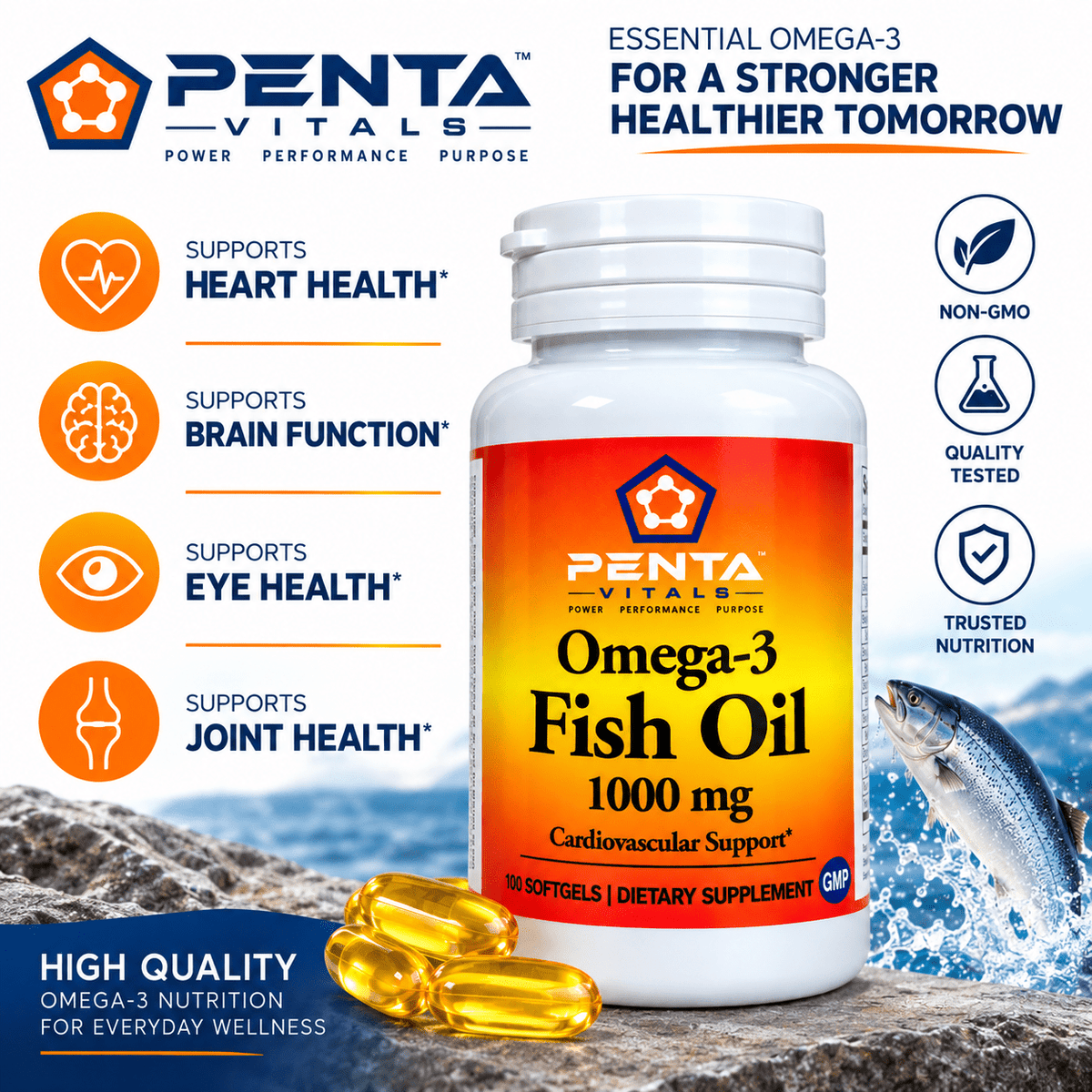 Penta Vitals Omega-3 Fish Oil 1000mg – EPA & DHA | 100 Softgels