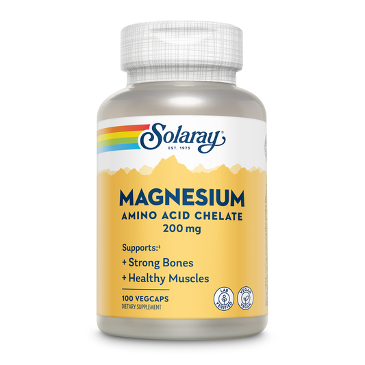 Solaray Magnesium Amino Acid Chelate 200 mg, Chelated Magnesium Supplement for Bone Health, Heart Health and Muscle Function Support, Vegan, 60-Day Money Back Guarantee, 100 Servings, 100 VegCaps