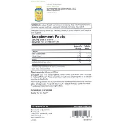 Nature's Life Alfalfa Leaf 1,000mg 500 Tablets