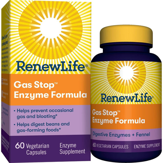 Renew Life Adult Plant-Based Enzyme Supplement, Fennel Seed Helps Relax Digestive Tract, Gas Stop Enzyme Formula, Dairy Free, Vegetarian, 60 Capsules