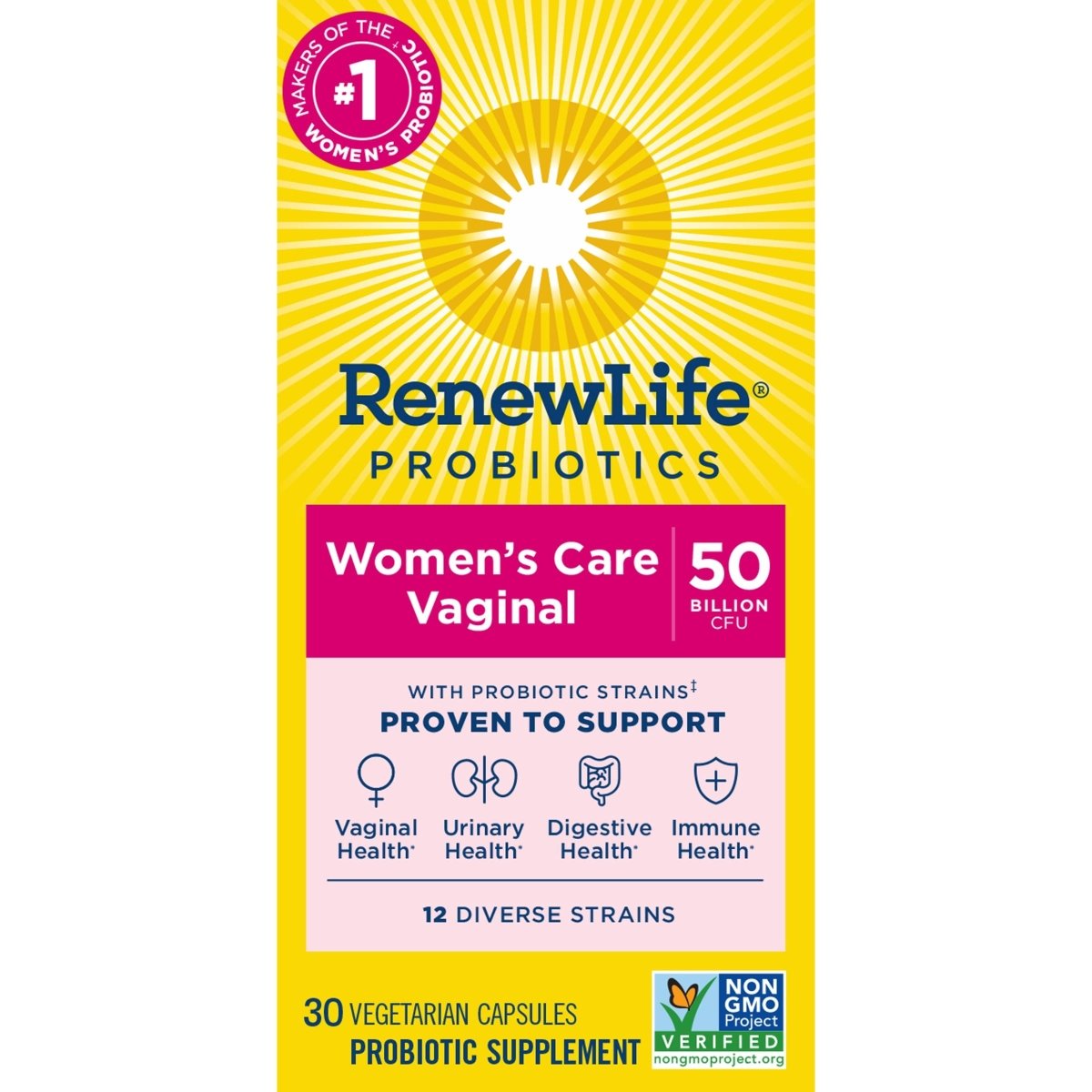 Renew Life Womens Wellness, Womens Care Probiotic, 4-in-1: Vaginal, Urinary, Digestive and Immune Support, 50 Billion CFU Per Capsule Guaranteed, 12 Strains; Shelf-Stable Probiotic, 30 ct.
