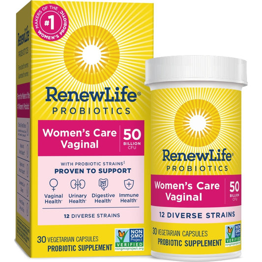 Renew Life Womens Wellness, Womens Care Probiotic, 4-in-1: Vaginal, Urinary, Digestive and Immune Support, 50 Billion CFU Per Capsule Guaranteed, 12 Strains; Shelf-Stable Probiotic, 30 ct.