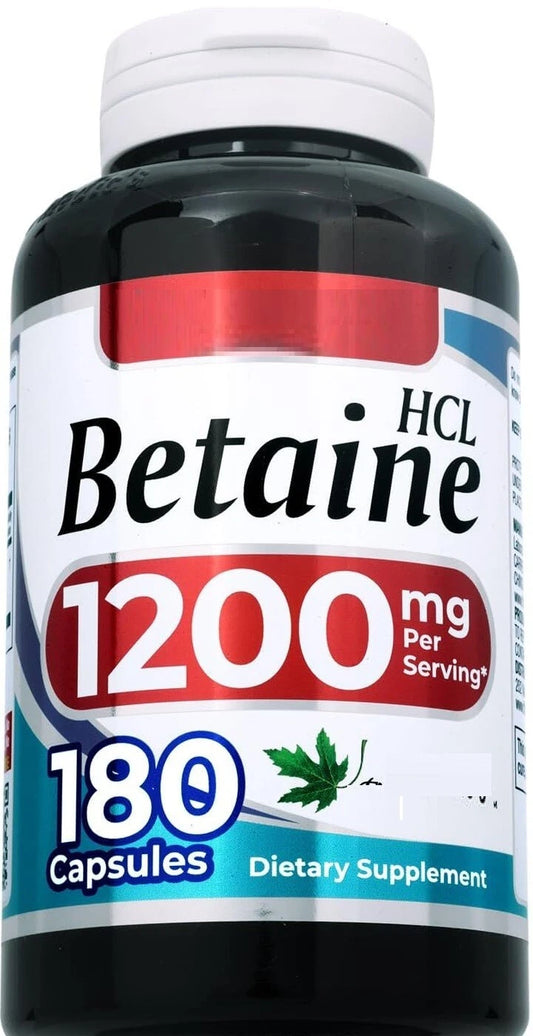 Betaine HCl 1,200mg – 180 Caps | Betaine Hydrochloride | Stomach Acid & Protein Digestion Support | Non-GMO, Gluten Free