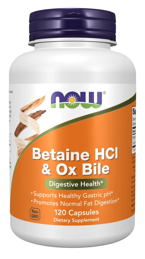 NOW Foods Betaine HCl & Ox Bile 120 Capsules | 1500mg Betaine + 42% Cholic Acid Ox Bile