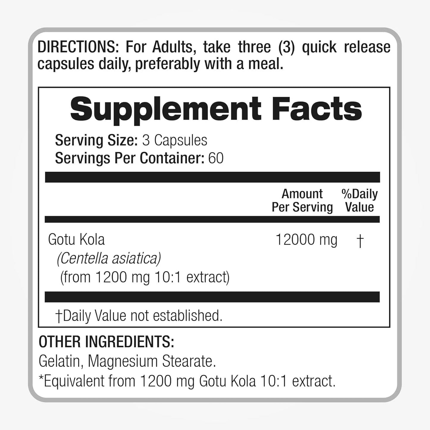 Gotu Kola 12,000mg – 200 Caps | Centella Asiatica | Brain, Memory & Circulation Support | Gluten-Free, No Preservatives