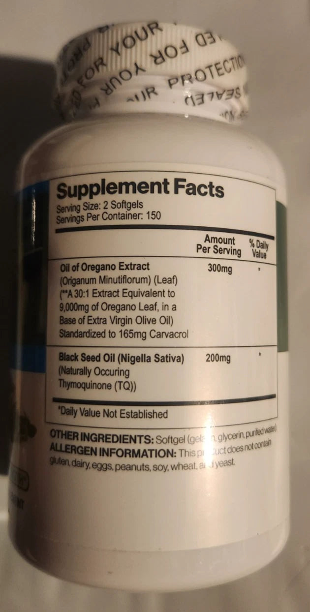 Oregano Oil 9,000mg & Black Seed Oil – 300 Softgels | Carvacrol | Immune & Antimicrobial Support