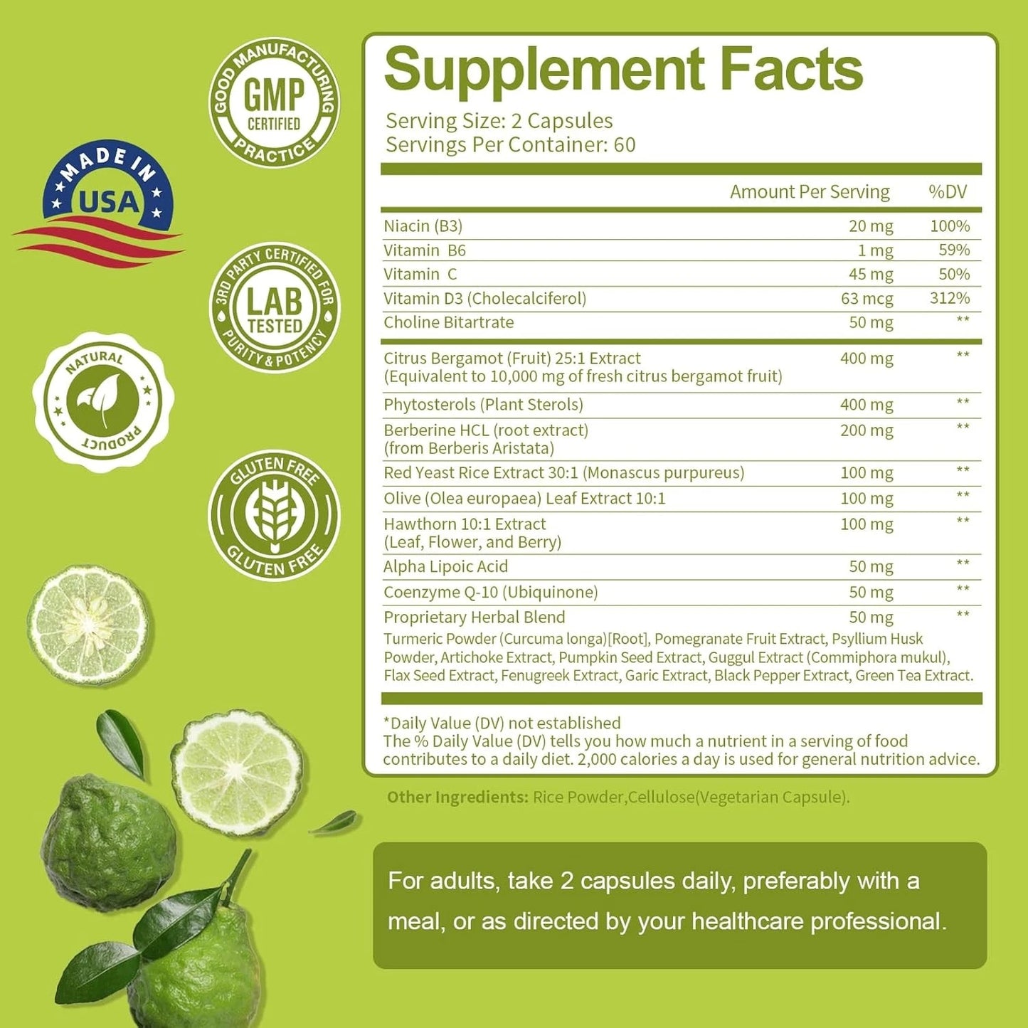 Citrus Bergamot 10,000mg | Plant Sterols 400mg | Berberine 200mg | ALA | 120 Caps