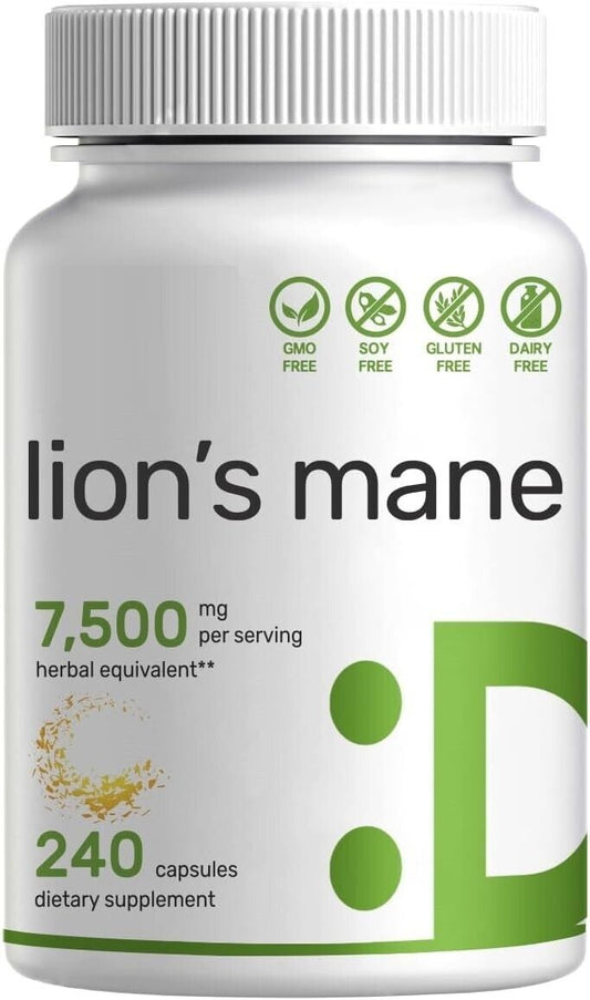 Lion's Mane Mushroom 7500mg 240 Caps (Hericium erinaceus) non GMO/Gluten Free