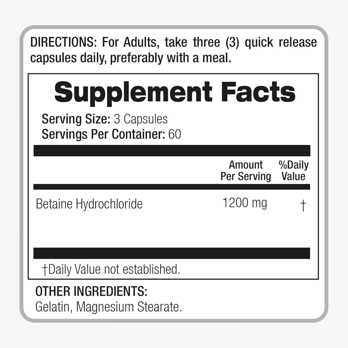Betaine HCl 1,200mg – 180 Caps | Betaine Hydrochloride | Stomach Acid & Protein Digestion Support | Non-GMO, Gluten Free