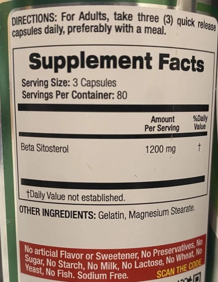 Beta Sitosterol 1,200mg – 240 Capsules | 80 Servings | Plant-Sourced Phytosterol | Prostate, Heart & Cholesterol Support | Non-GMO, Gluten-Free