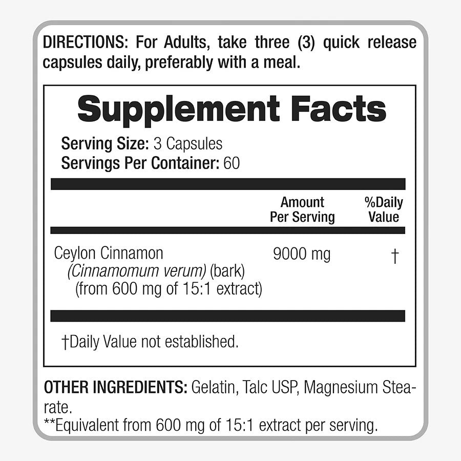 Ceylon Cinnamon 9000mg | True Cinnamon 15:1 Extract | Blood Sugar & Antioxidant Support | 180 Capsules | Non-GMO, Gluten Free