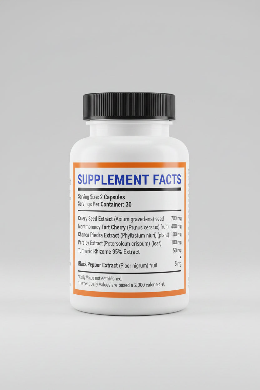 Uric Acid Flush – 60 Caps | Celery Seed, Montmorency Tart Cherry, Chanca Piedra & Turmeric 95%
