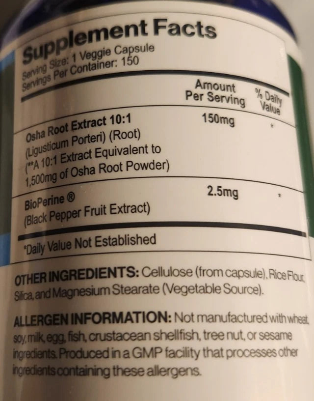 Osha Root 900mg 150 Caps with Bioperine 2.5mg