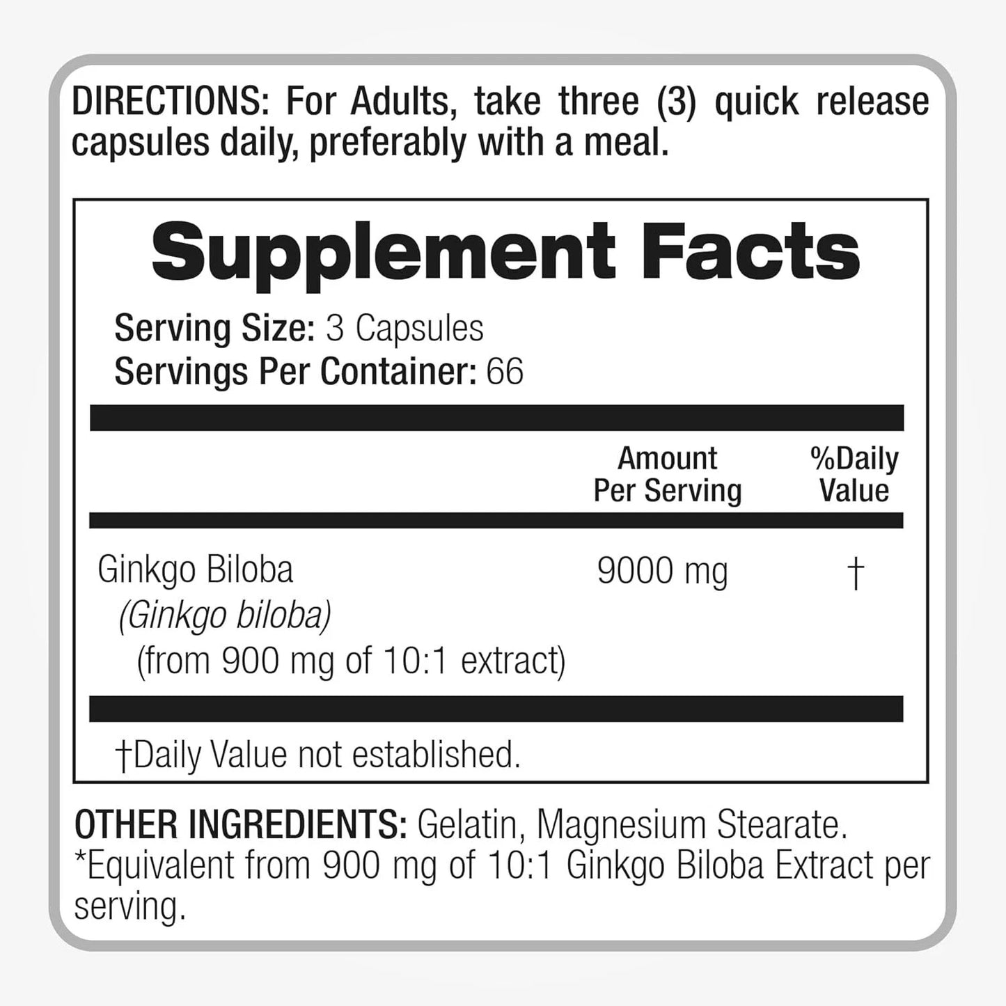 Ginkgo Biloba 9000mg 200 Capsules | No Preservatives Gluten Free | Memory Focus & Circulation Support