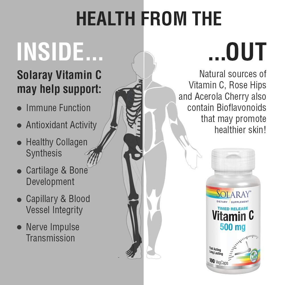 SOLARAY C w/Rose Hips & Acerola Two-Stage, Timed-Release, Veg Cap (Btl-Plastic) 500mg 100ct