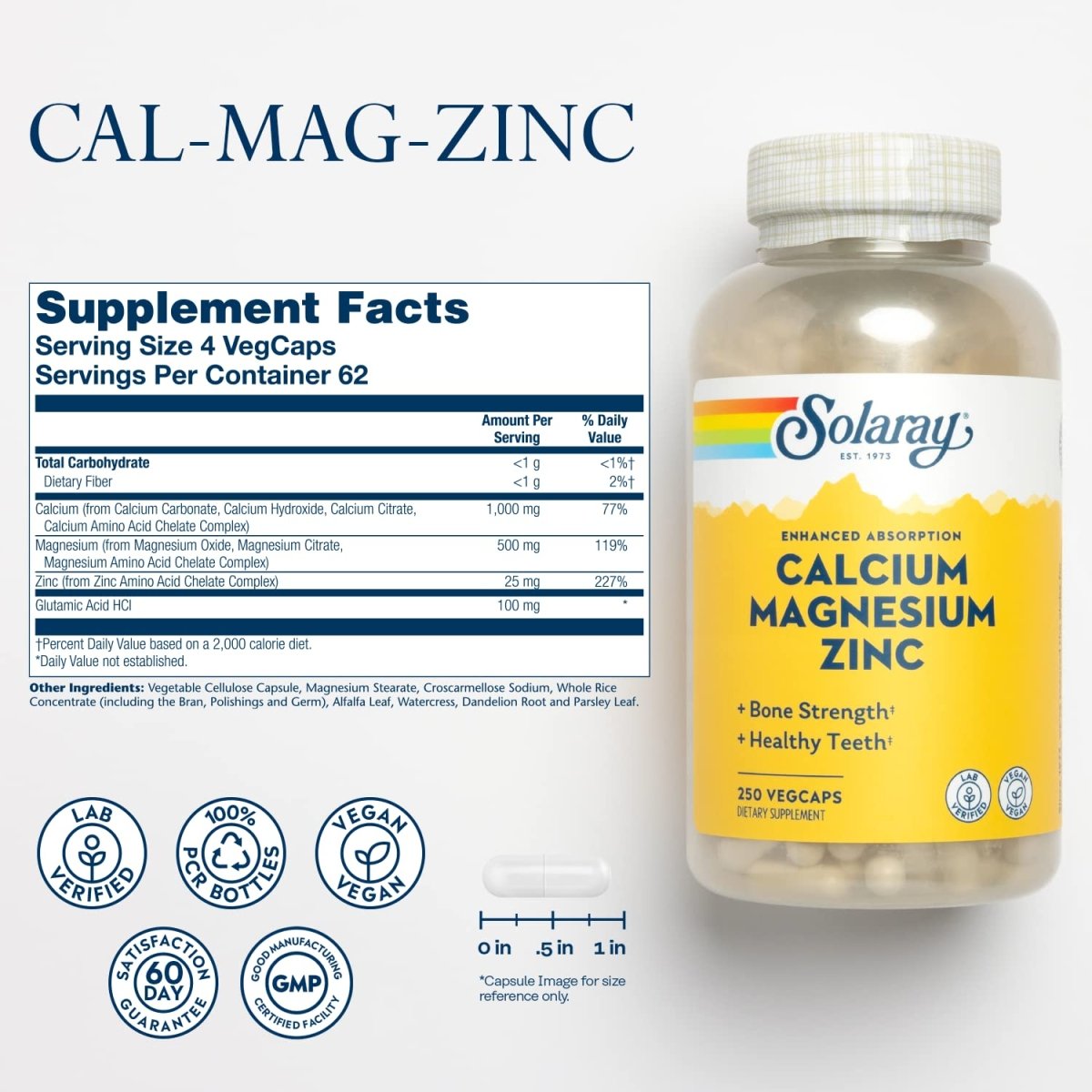 Solaray - Calcium Magnesium Zinc - 250 Vegetarian Capsules