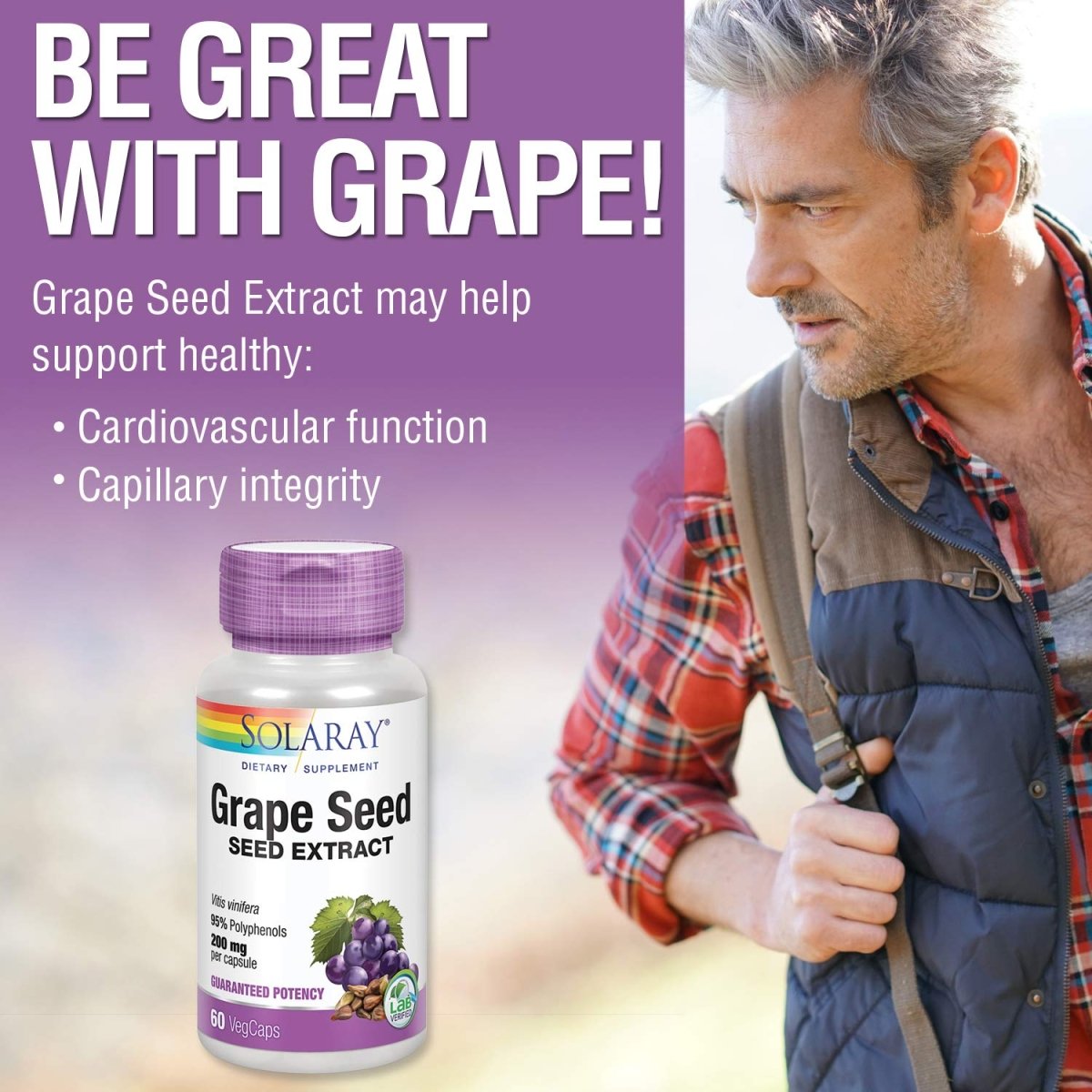 SOLARAY Grape Seed Extract 200 mg Plus Bioflavonoid Complex - 60 VegCaps - Healthy Cardiovascular & Blood Vessel