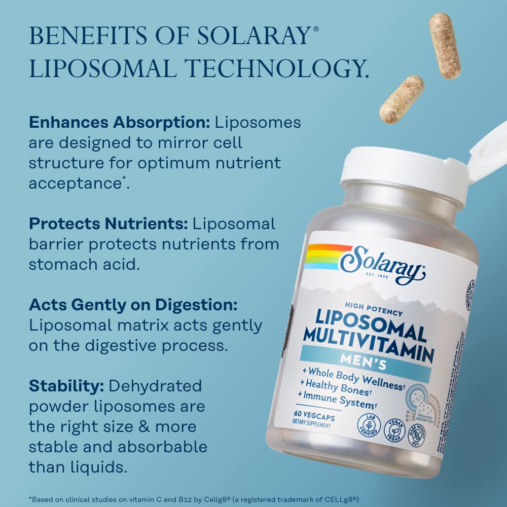 SOLARAY Liposomal Multivitamin for Men, Enhanced Absorption Immune, Energy & Bone Support, Mens Daily Multi Vitamin, BCAA's, Vitamin D3, C, B12, Zinc, Vegan, Soy Free, 30 Servings, 60 VegCaps
