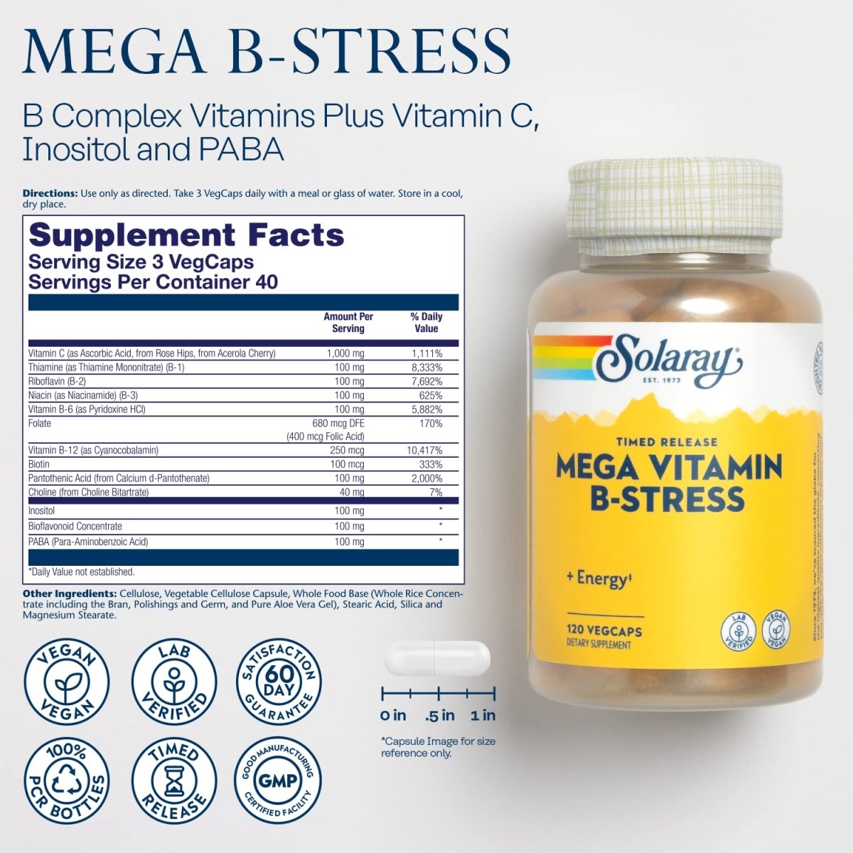 SOLARAY Mega Vitamin B-Stress, 120 VegCaps