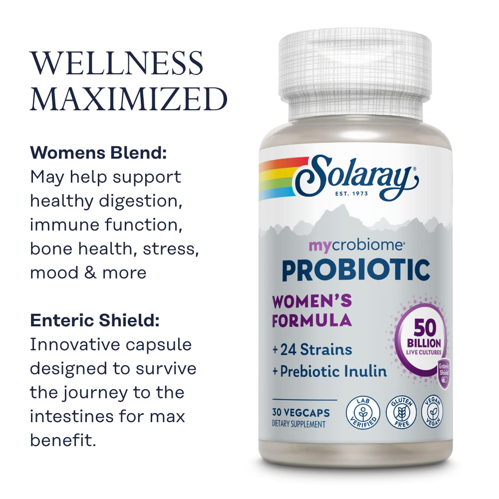 SOLARAY Mycrobiome Probiotic Women's Formula, 24 Strains Plus Prebiotic Inulin, Specially Formulated for Women, Digestion, Mood & Urinary Tract Support, 50 Billion CFU, 30 Servings, 30 VegCaps