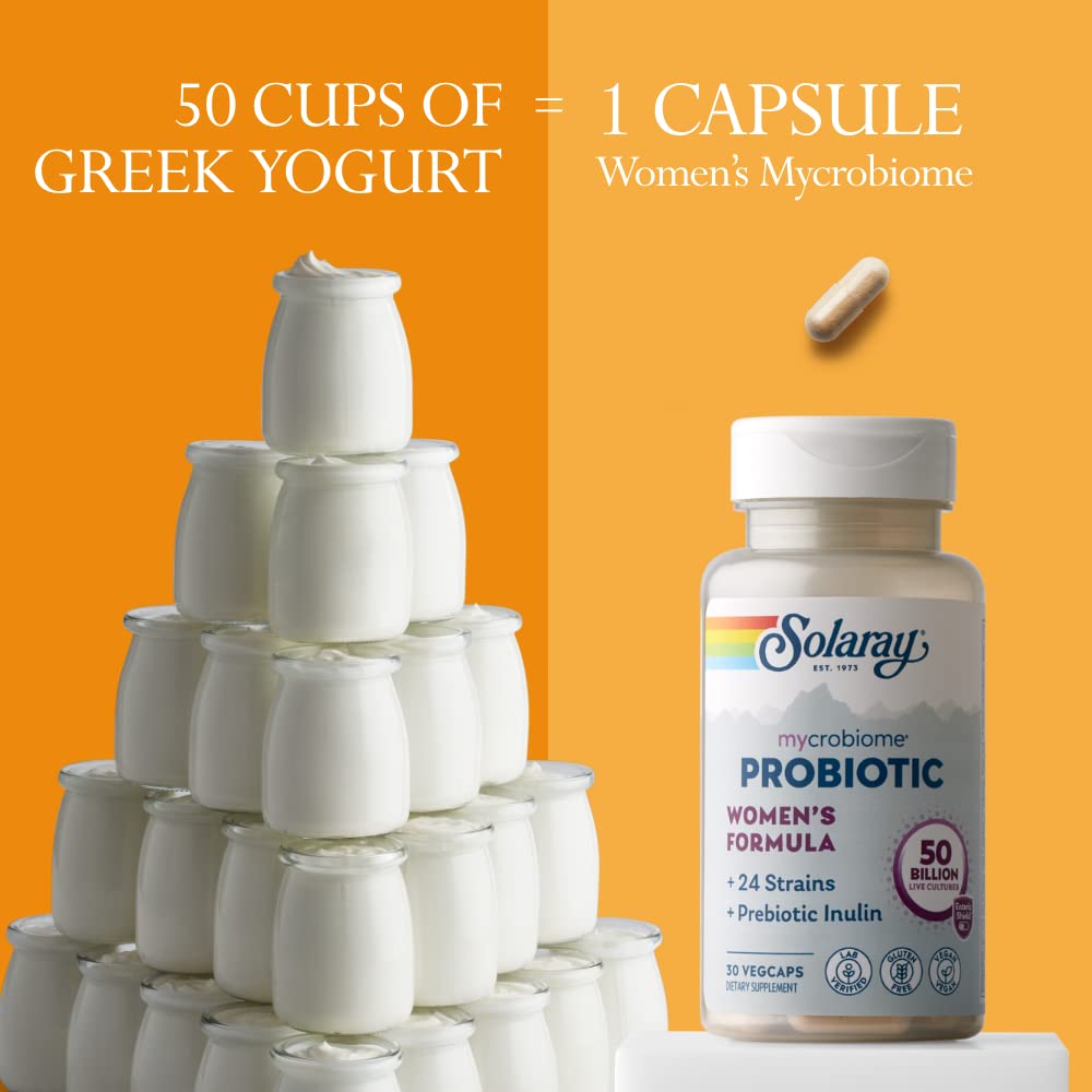 SOLARAY Mycrobiome Probiotic Women's Formula, 24 Strains Plus Prebiotic Inulin, Specially Formulated for Women, Digestion, Mood & Urinary Tract Support, 50 Billion CFU, 30 Servings, 30 VegCaps