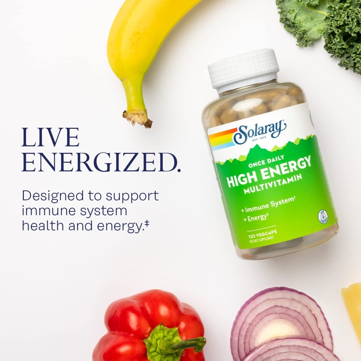 SOLARAY Once Daily High Energy Multivitamin, Immune System and Energy Support, Whole Food and Herb Base Ingredients, Men's and Women's Multi Vitamin, 120 Servings, 120 VegCaps