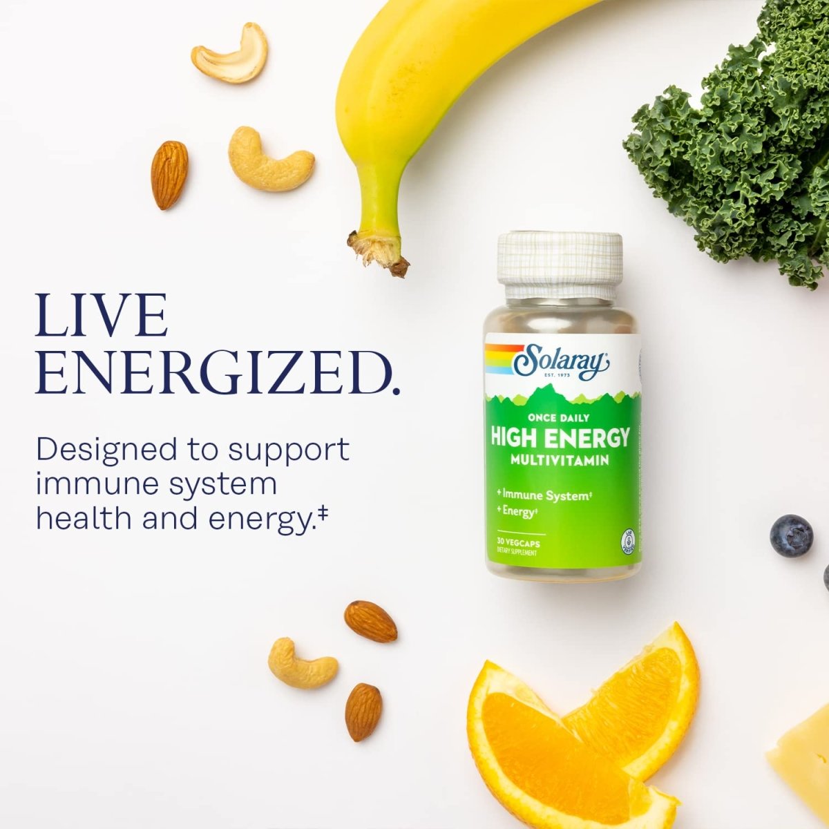 SOLARAY Once Daily High Energy Multivitamin, Immune System and Energy Support, Whole Food and Herb Base Ingredients, Men's and Women's Multi Vitamin, 30 Servings, 30 VegCaps