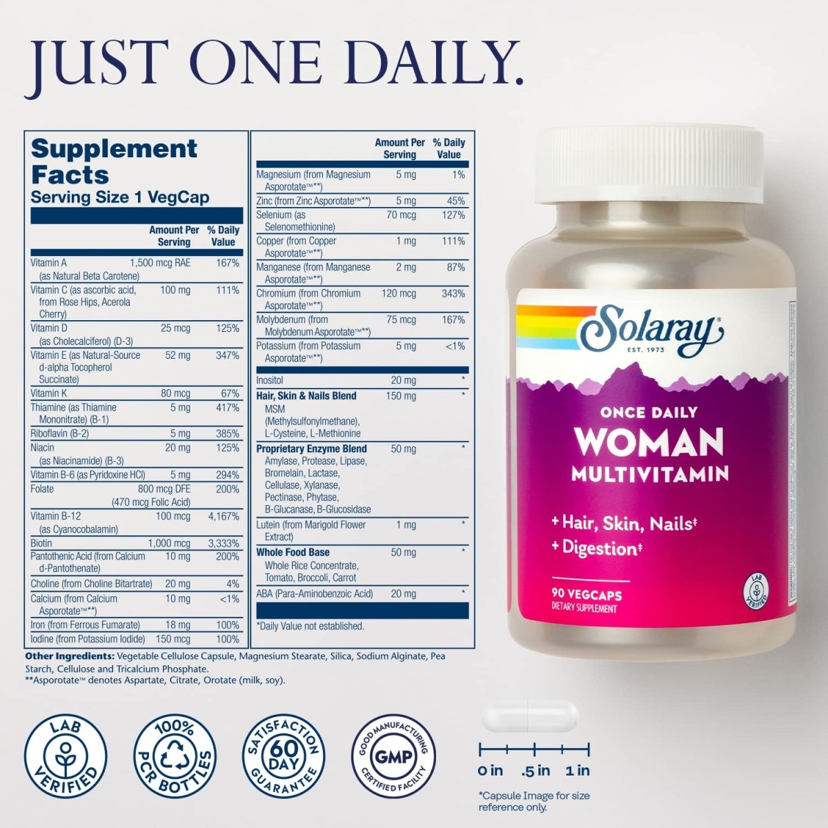 Solaray Once Daily Woman Multivitamin with Iron, Women's Multivitamin with Hair, Skin & Nails Blend, Enzyme Blend & Whole Food Base, Healthy Energy, Immune & Digestion Support, 90 Servings, 90 VegCaps