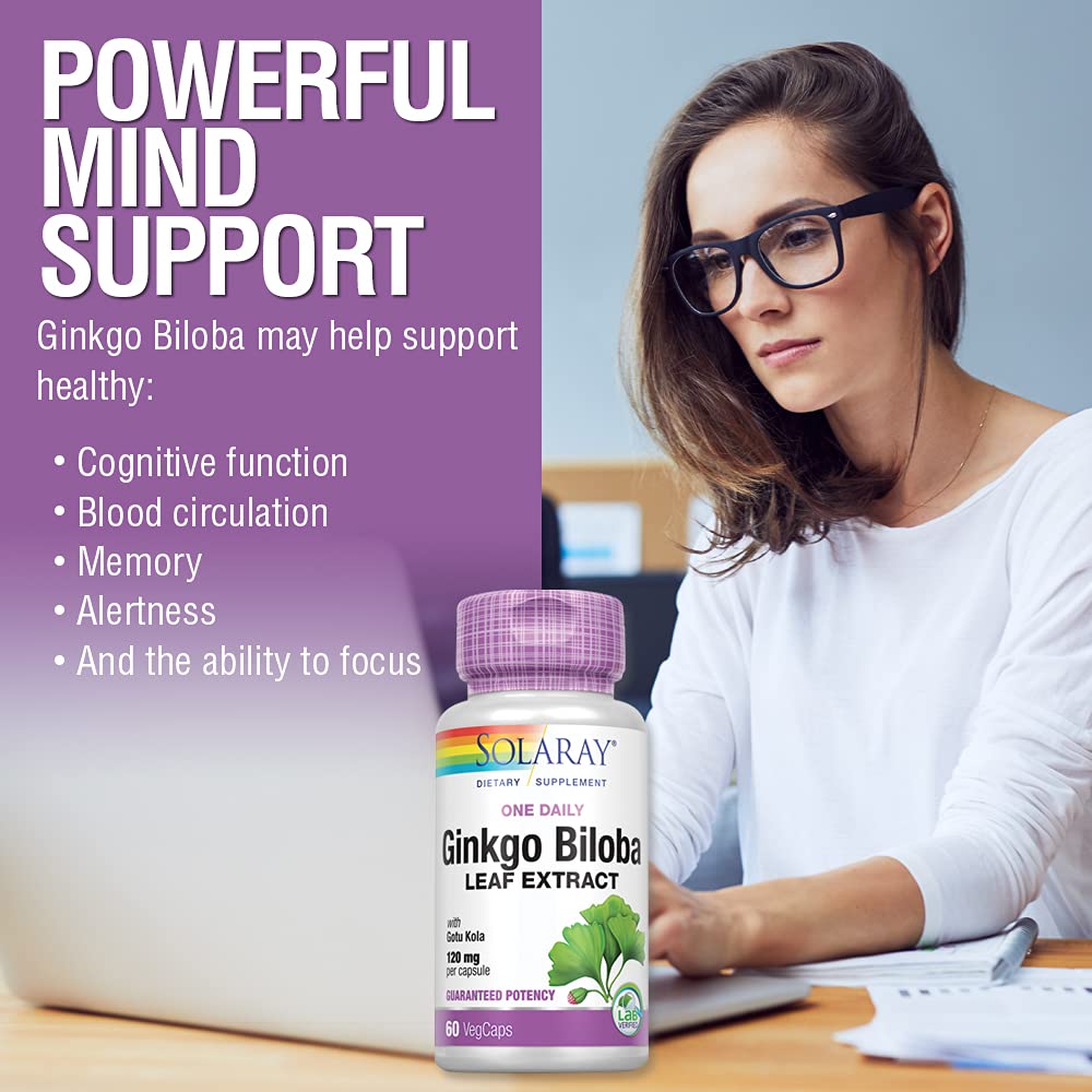 SOLARAY One Daily Ginkgo Biloba Leaf Extract Healthy Blood Circulation, Memory & Brain Function Support (60 VegCaps) (60 VegCaps)