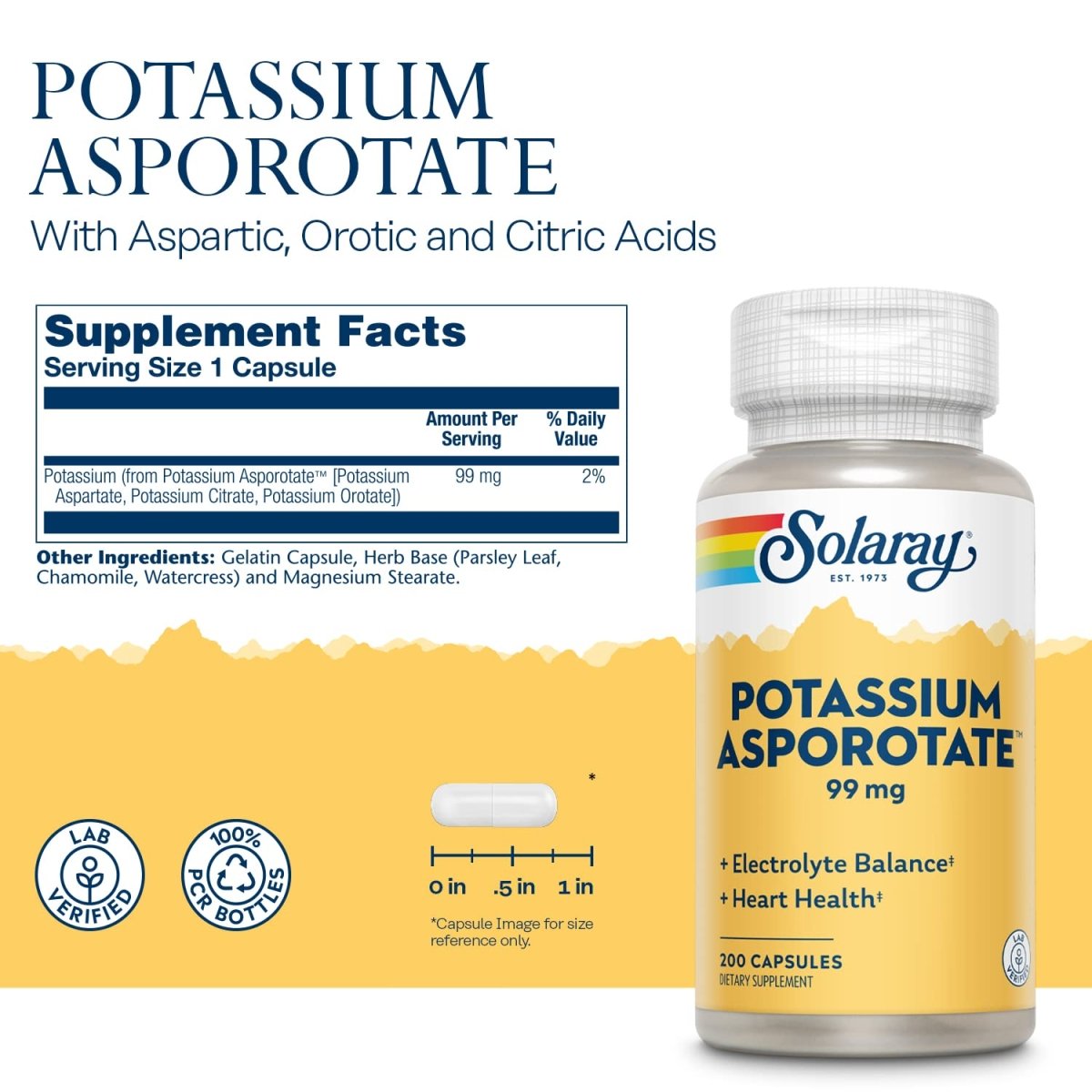 Solaray Potassium Asporotate - Essential Mineral for Electrolyte Balance and Muscle Function - 200 Count